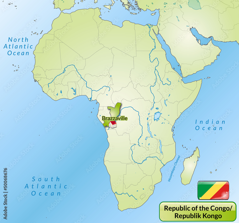 Obraz premium Übersichtskarte der Republik Kongo mit Gewässernetz