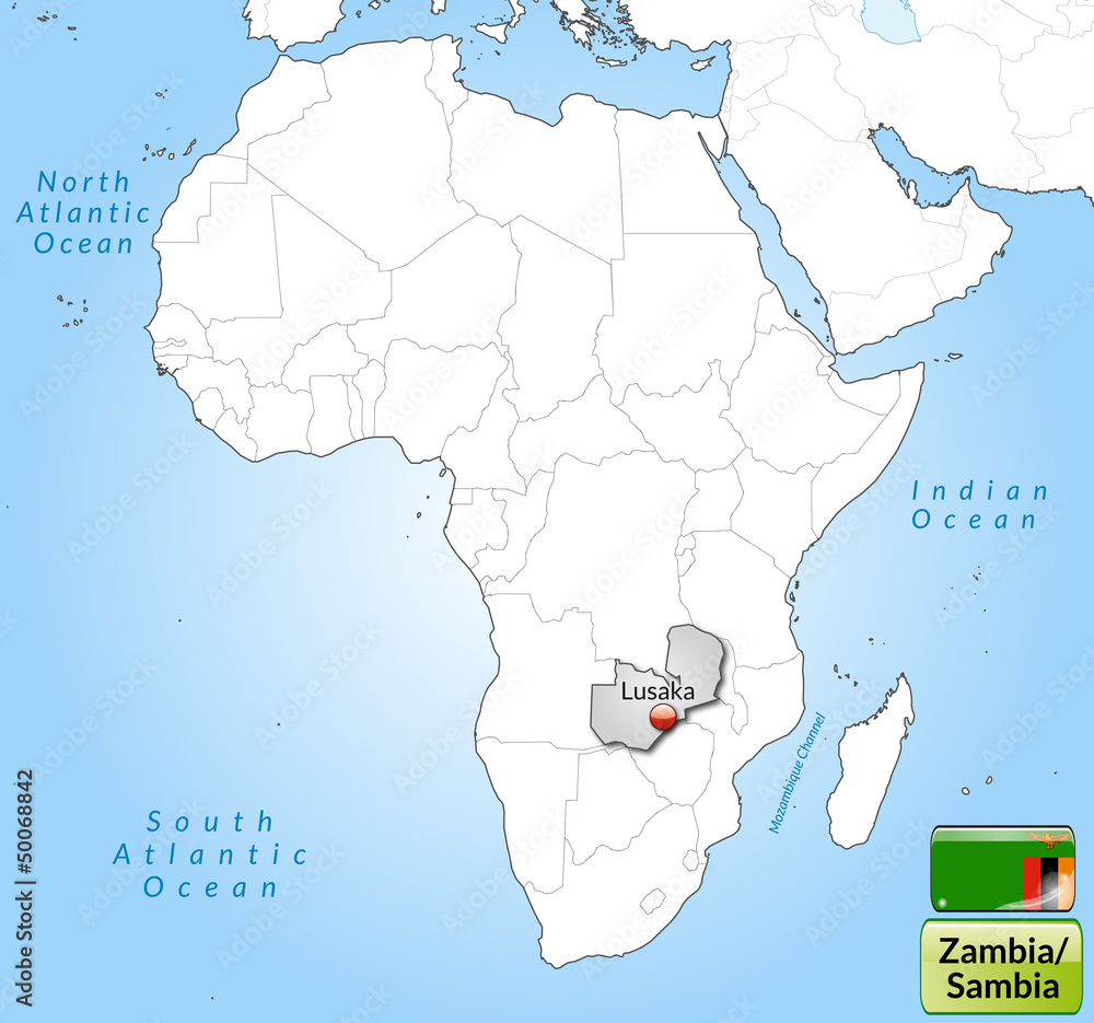 Übersichtskarte von Sambia mit Landesflagge