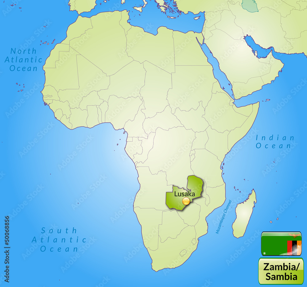 Übersichtskarte von Sambia mit Landesflagge