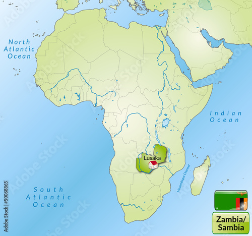 Übersichtskarte von Sambia mit Landesflagge