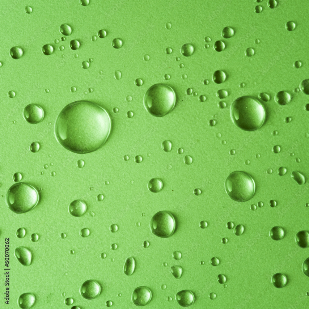 Water droplets on green background