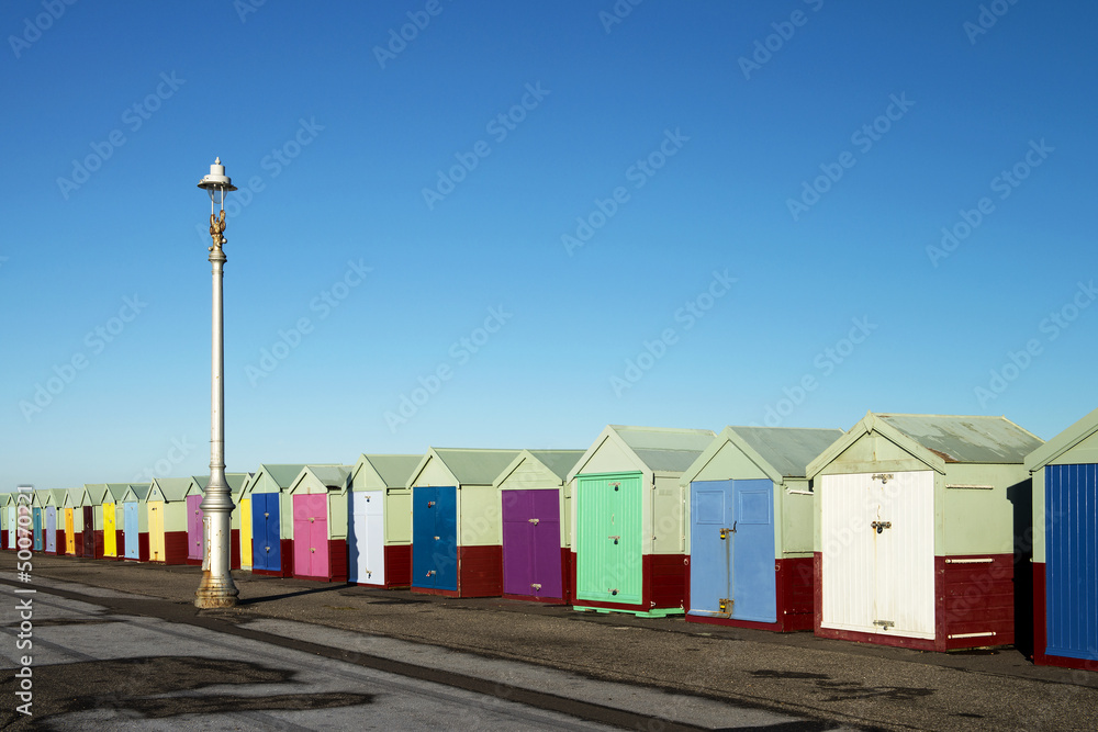 Colorful Beach Huts at Hove, near Brighton, East Sussex, UK.