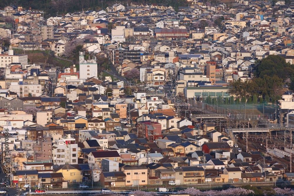 Kyoto aerial view in sunset light, Japan