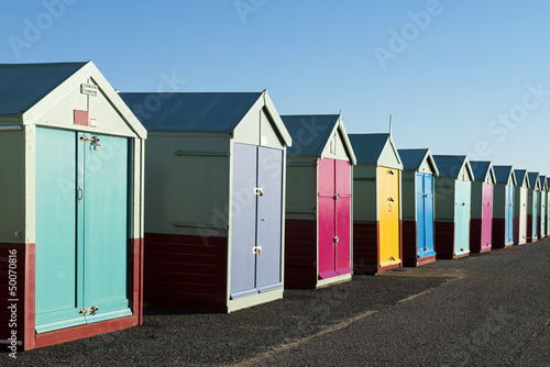 Colorful Beach Huts at Hove, near Brighton, East Sussex, UK.