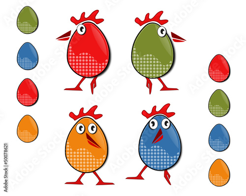 Poules et oeufs colorés