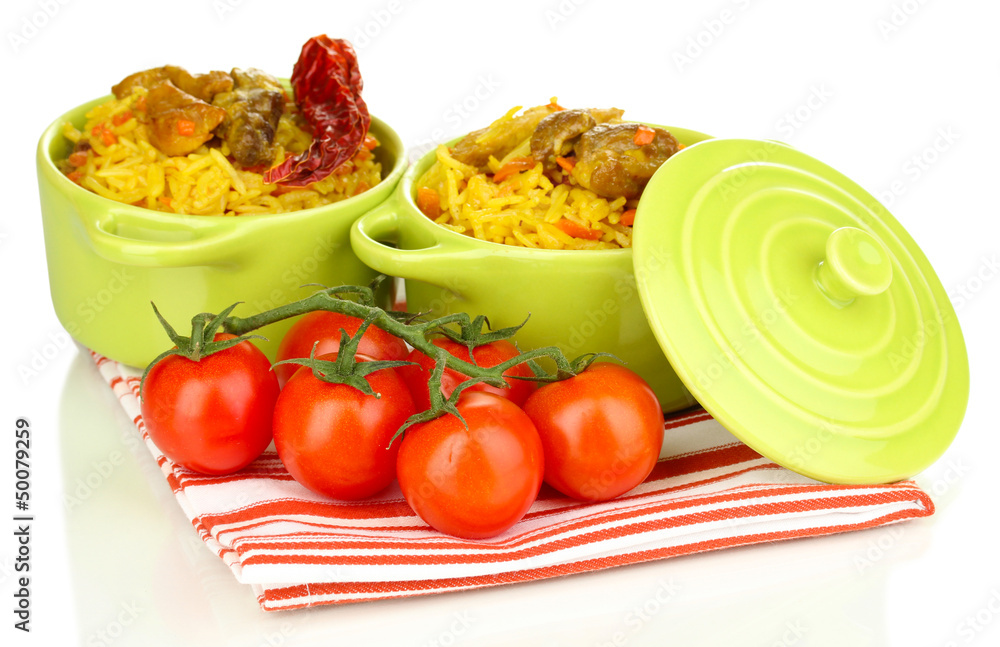 Delicious pilaf with vegetables isolated on white Delicious pilaf with vegetables isolated on white