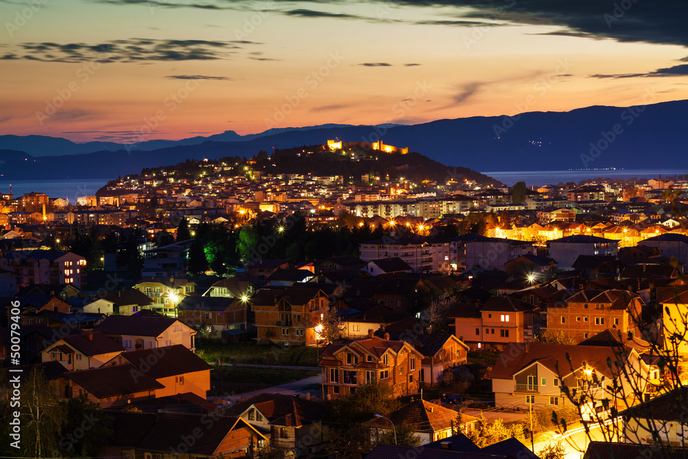 Night view of the city of Ohrid and the Samuil's fortress, Maced
