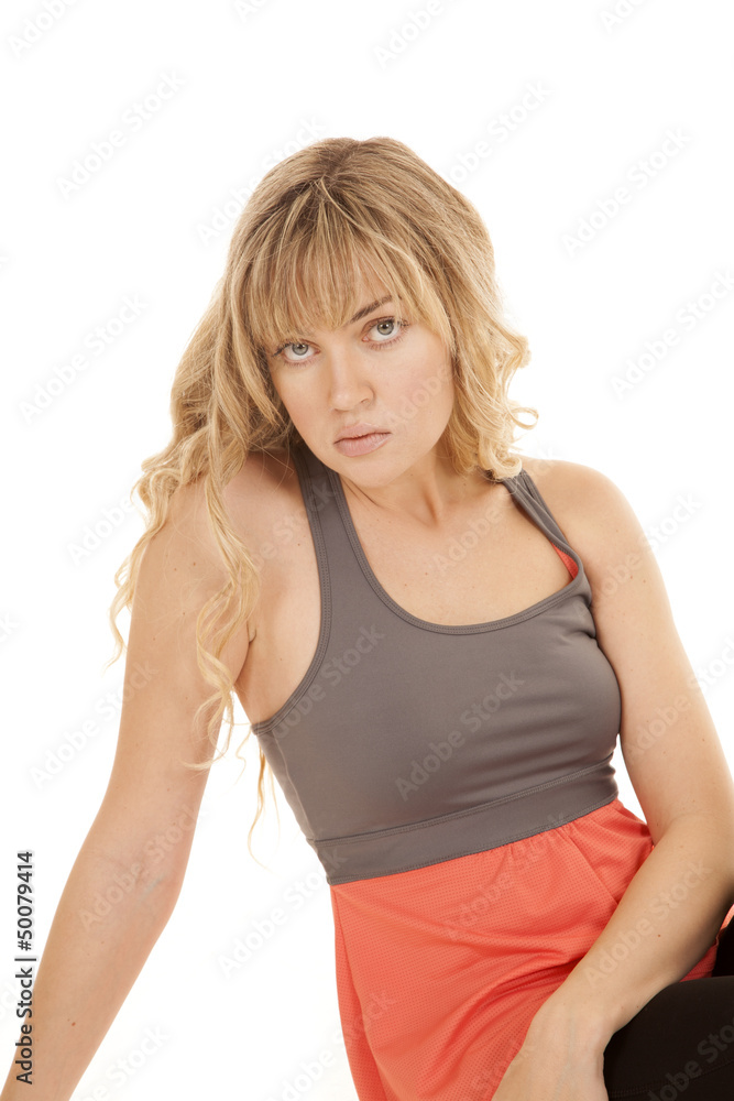 woman gray and orange tanktop serious woman gray and orange tanktop serious