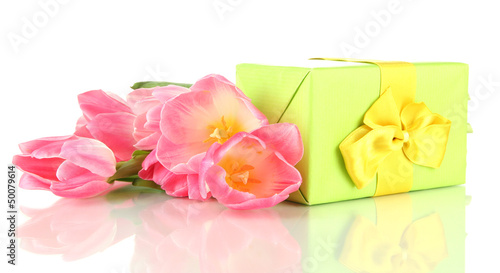 Pink tulips and gift box, isolated on white