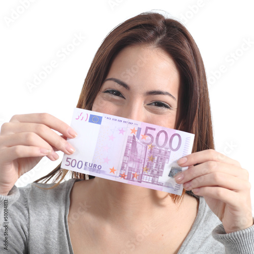 Woman showing a five hundred euros banknote