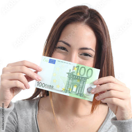 Woman showing a one hundred euros banknote photo