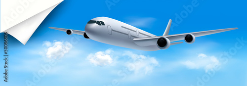 Travel background with airplane and white clouds