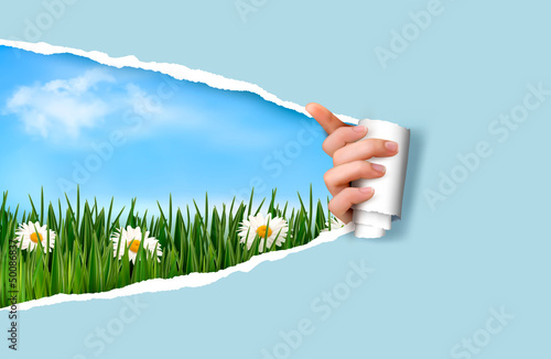 Nature background with green grass and sky and ripped paper. Vec