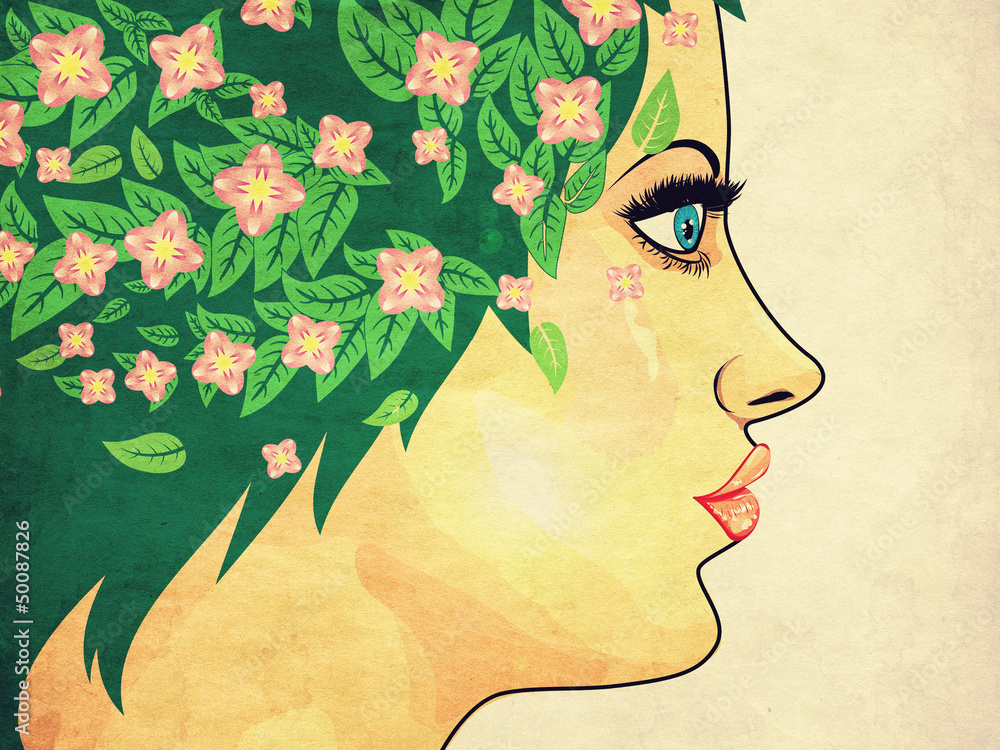 Obraz Dziewczyna z zielonymi włosami i kwiatami