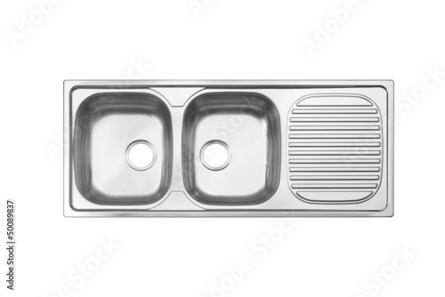 Top view of sink the necessary kitchenware isolated on white