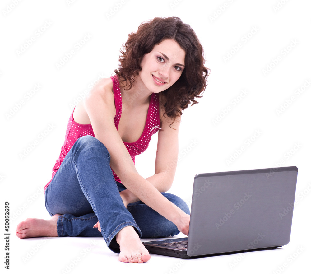 Beautiful smiling woman with computer PC Beautiful smiling woman with computer PC