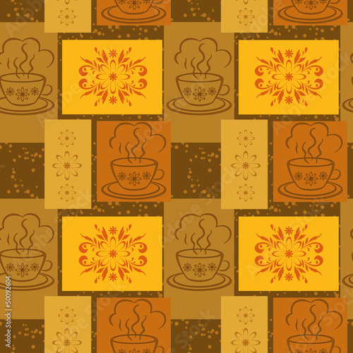 Seamless background, cups and floral pattern