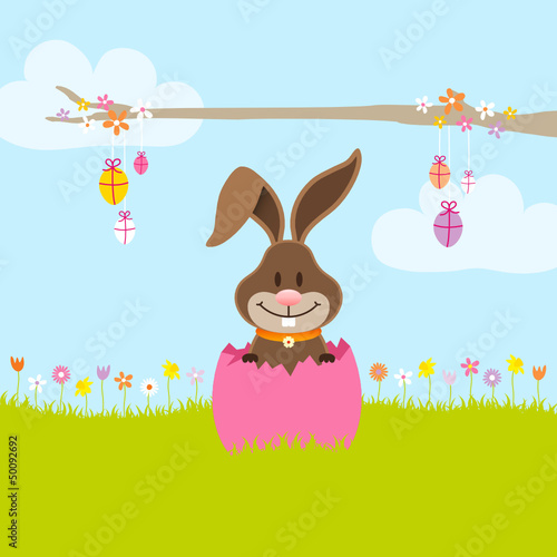 Bunny In Meadow In Pink Eggshell Tree Eggs