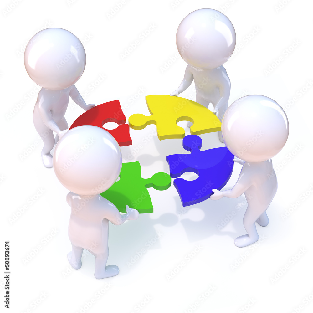 Little men work together with circular puzzle Little men work together with circular puzzle