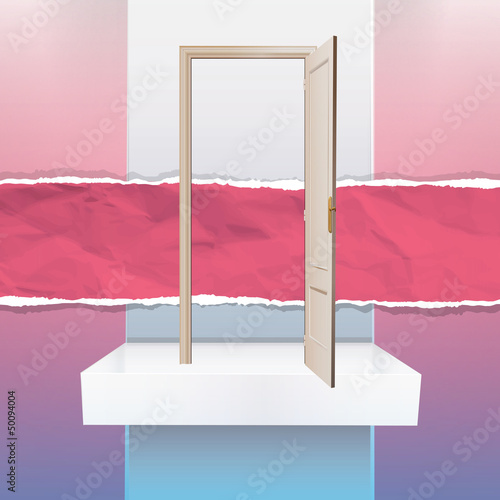 Realistic open door on a shelf. Vector illustration. 