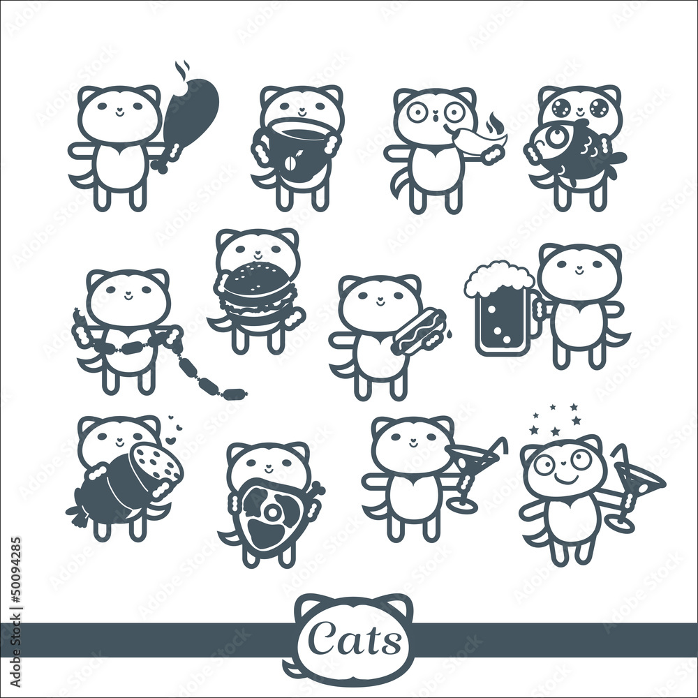 Cats Icons 12 Symbols Set: fast food