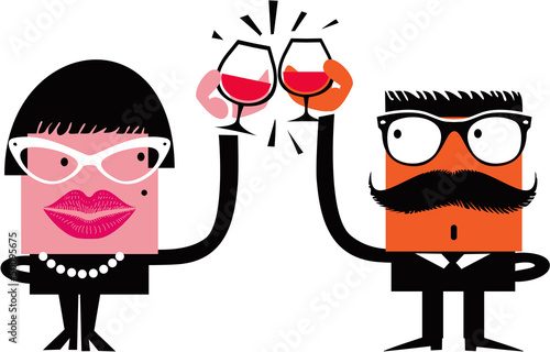 Cartoon characters celebrate drinking wine
