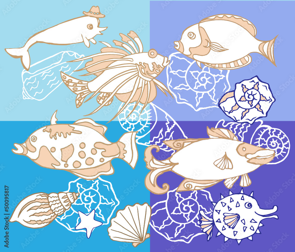 Background with Fishes and Cockleshell Background with Fishes and Cockleshell