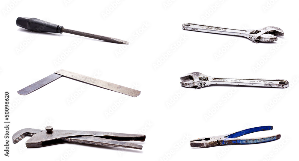 Old tools on a white background Old tools on a white background