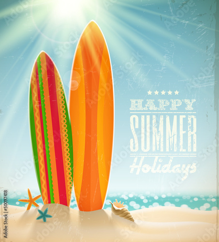 Surfboards on a beach against a sunny seascape