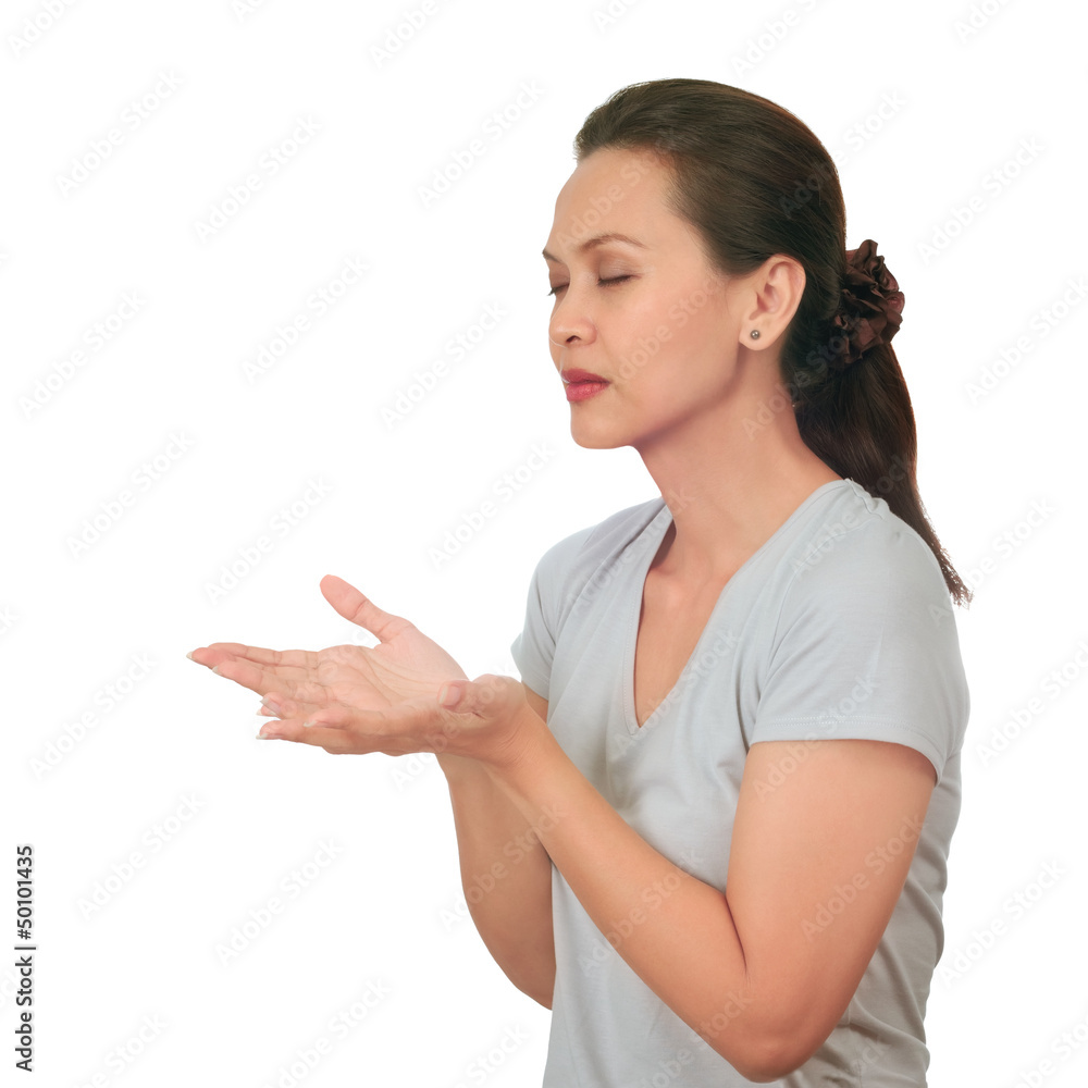 Isolated middle age woman with relaxing expression Isolated middle age woman with relaxing expression