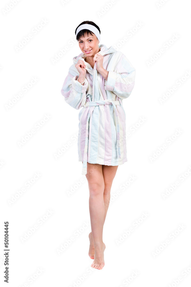 woman in bathrobe full portrait isolated on white woman in bathrobe full portrait isolated on white