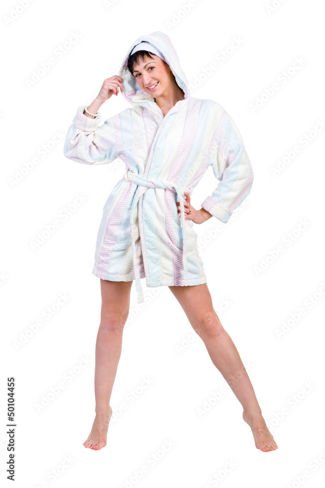 woman in bathrobe full portrait isolated on white woman in bathrobe full portrait isolated on white