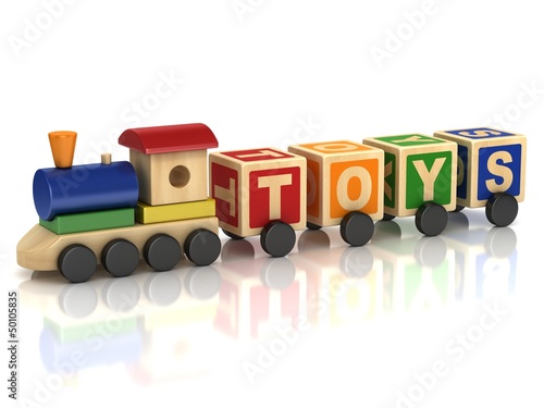 Wooden train toy with colorful letter blocks