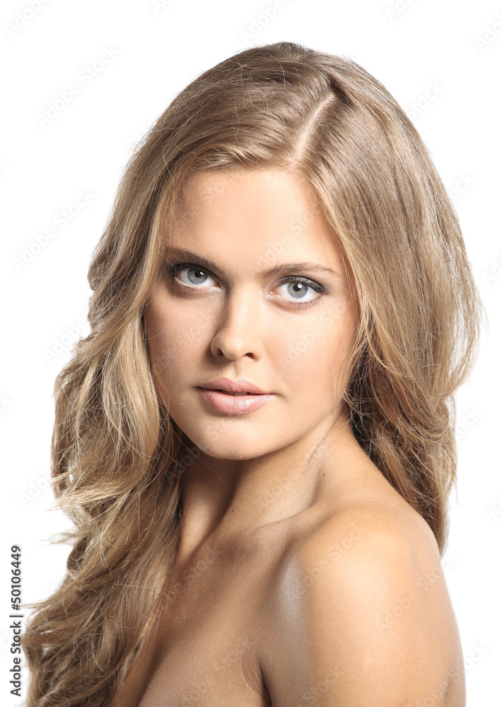 Fototapeta premium Portrait of beautiful female model on white background