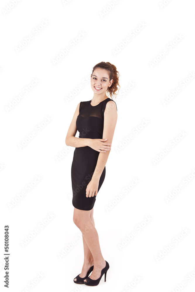 Pretty young business woman smiling on white background
