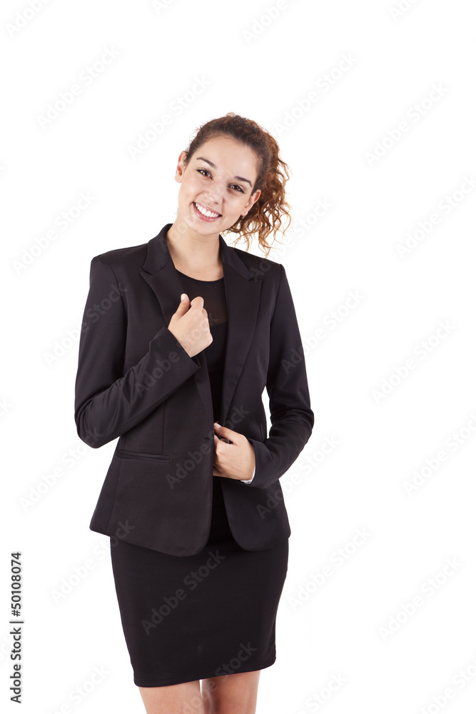 Pretty young business woman smiling on white background Pretty young business woman smiling on white background