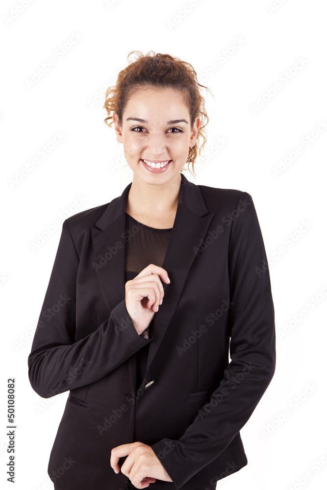 Pretty young business woman smiling on white background Pretty young business woman smiling on white background