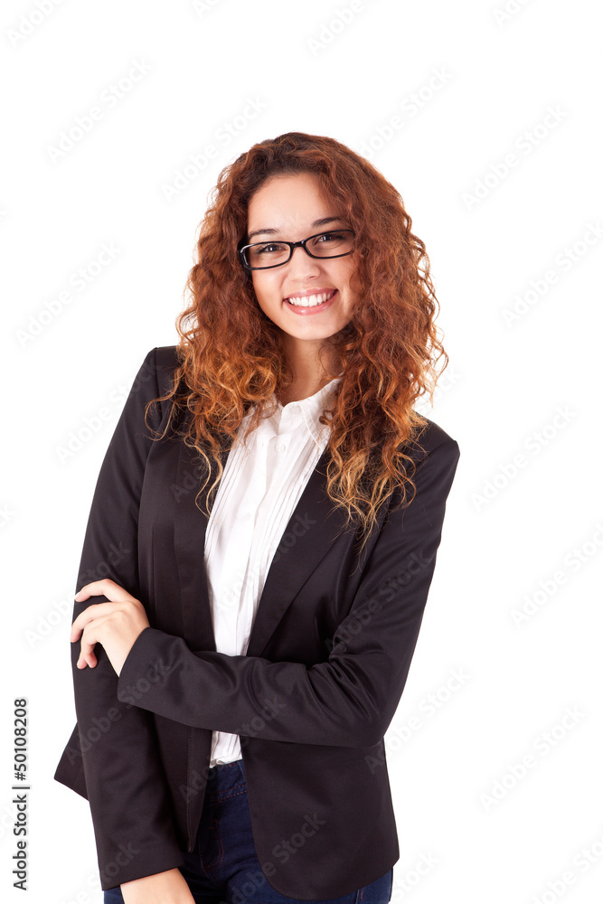 Pretty young business woman smiling on white background Pretty young business woman smiling on white background