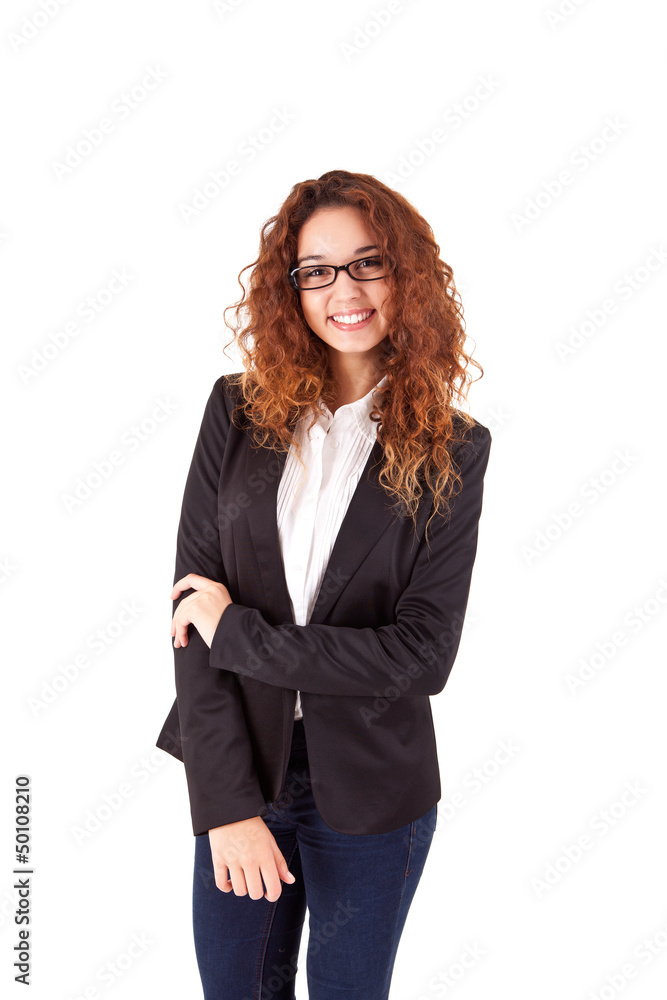 Pretty young business woman smiling on white background Pretty young business woman smiling on white background