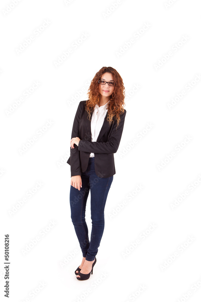 Pretty young business woman smiling on white background Pretty young business woman smiling on white background