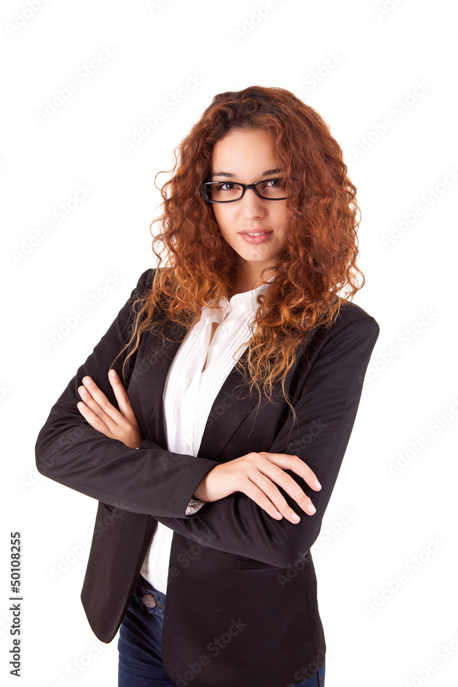 Pretty young business woman smiling on white background Pretty young business woman smiling on white background