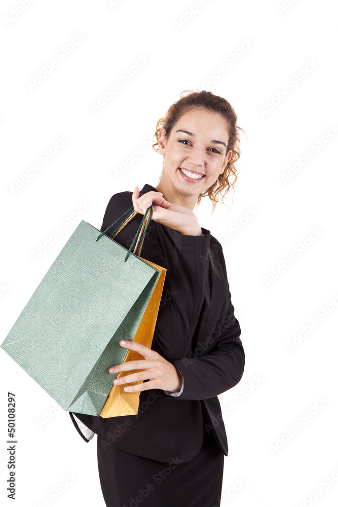 Lovely woman with shopping bags over white Lovely woman with shopping bags over white