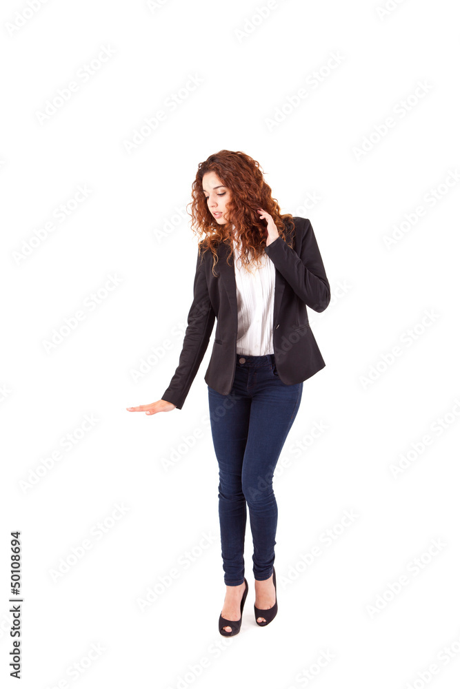 Smiling woman showing something Smiling woman showing something