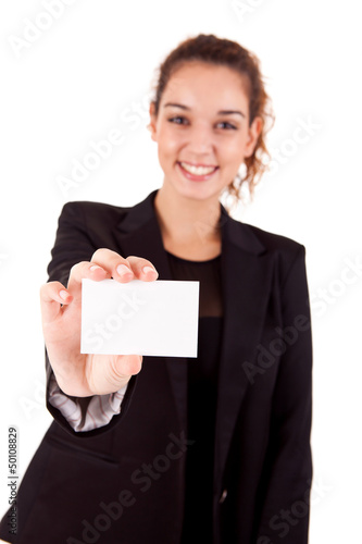 Woman holding empty white card, isolated over white