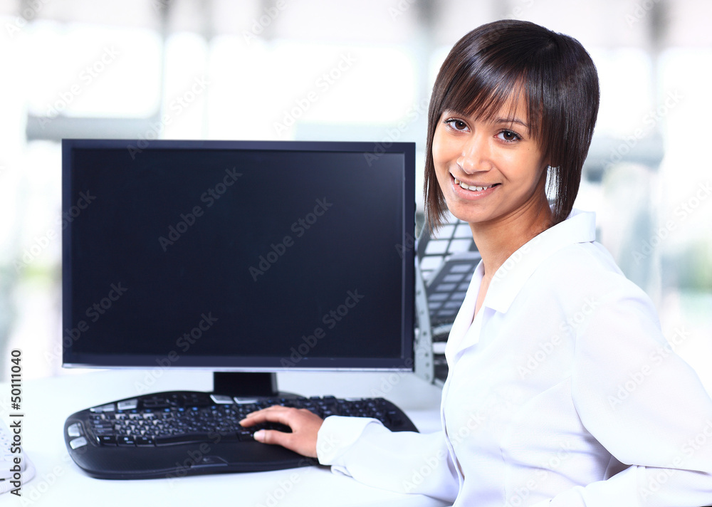 Business woman showing blank display Business woman showing blank display