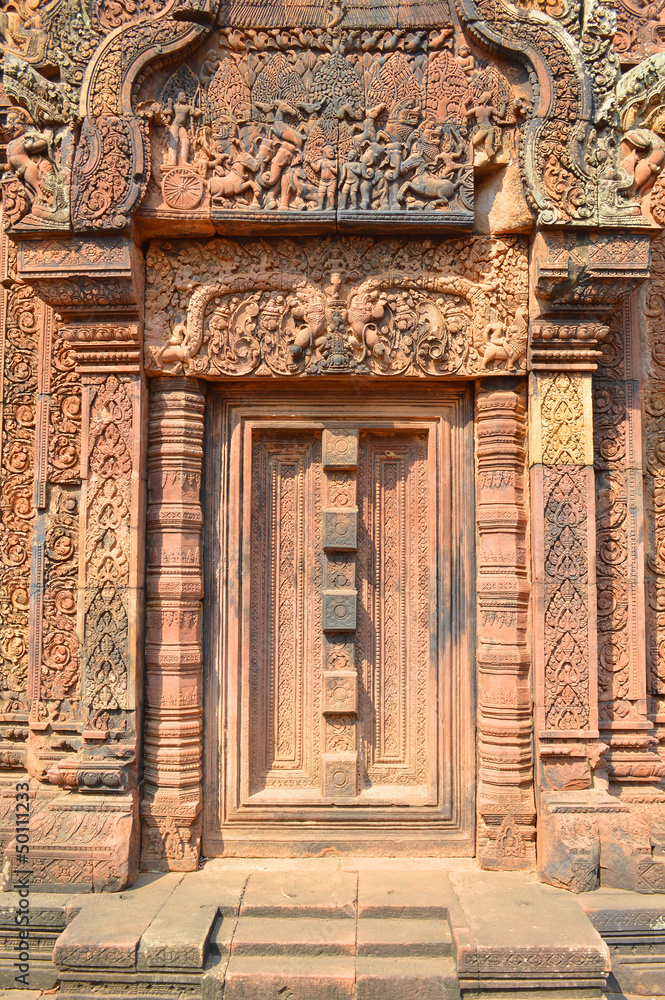 Stone carving of classical Khmer construction at Banteay Srei.
