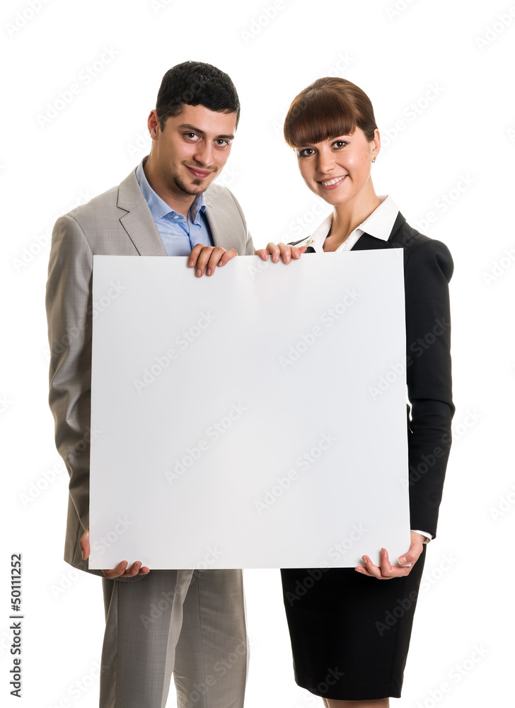 Business team couple holding blank poster Business team couple holding blank poster