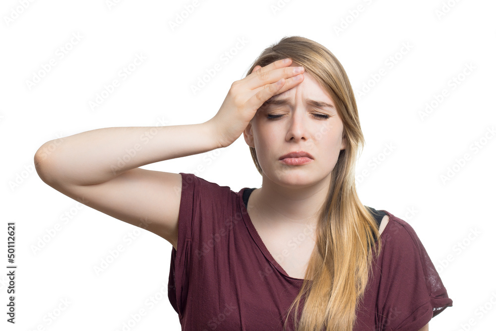 Junge blonde Frau hat Kopfschmerzen Junge blonde Frau hat Kopfschmerzen