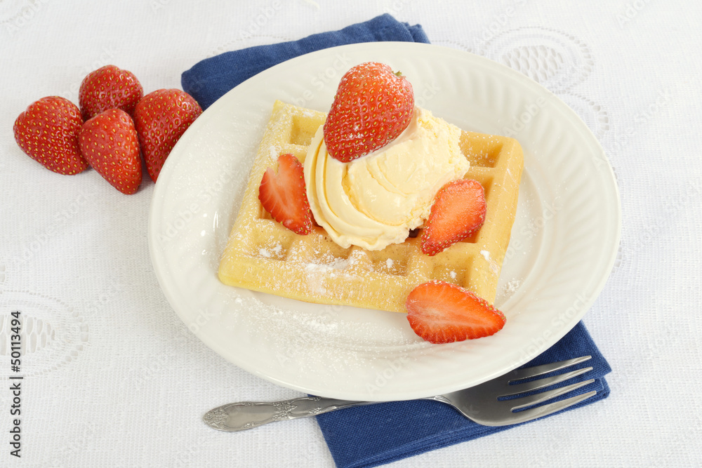 top view ice cream strawberry waffle top view ice cream strawberry waffle