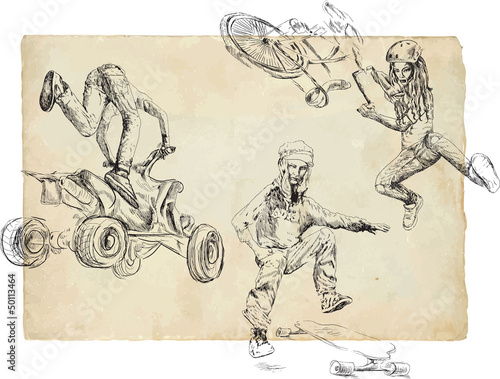 Summer sports collection - On a bike, ATV and skateboard.